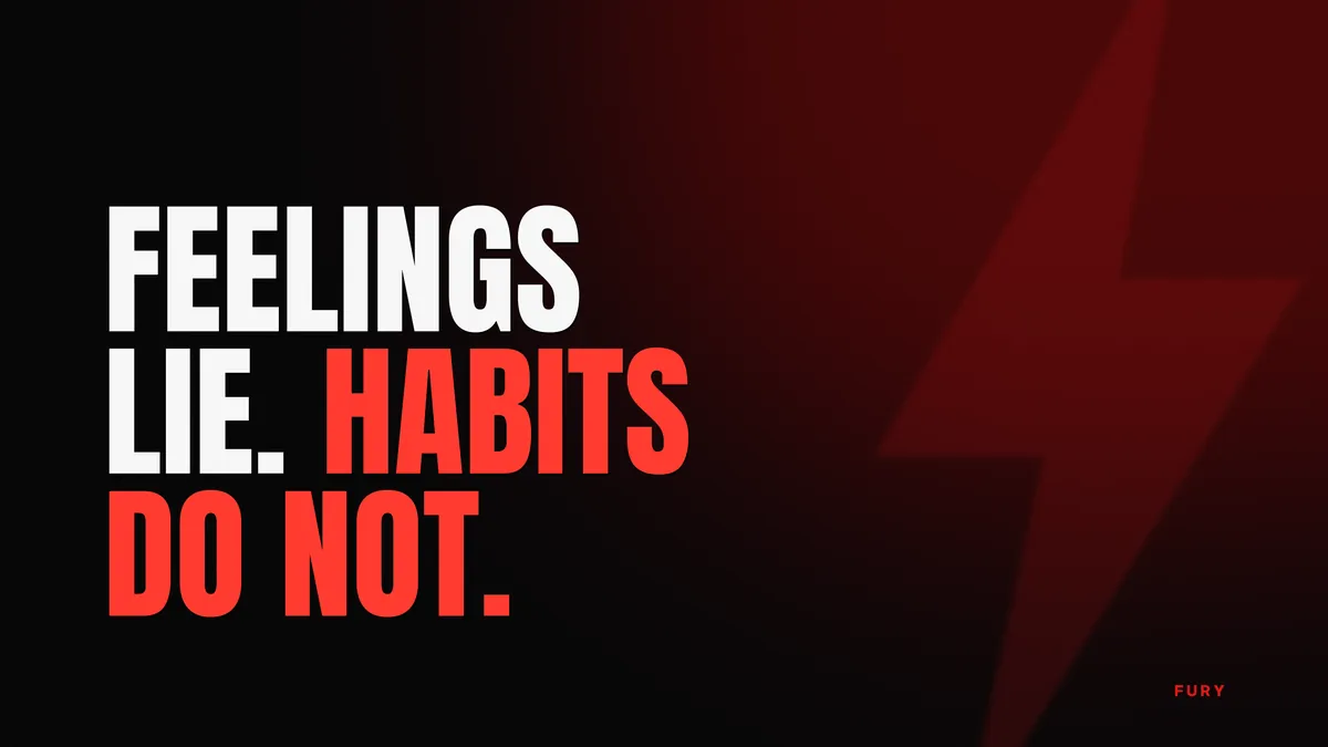 Motivational desktop wallpapers (4K): “Feelings lie. Habits do not.” on black background with a red glow and a lightning bolt