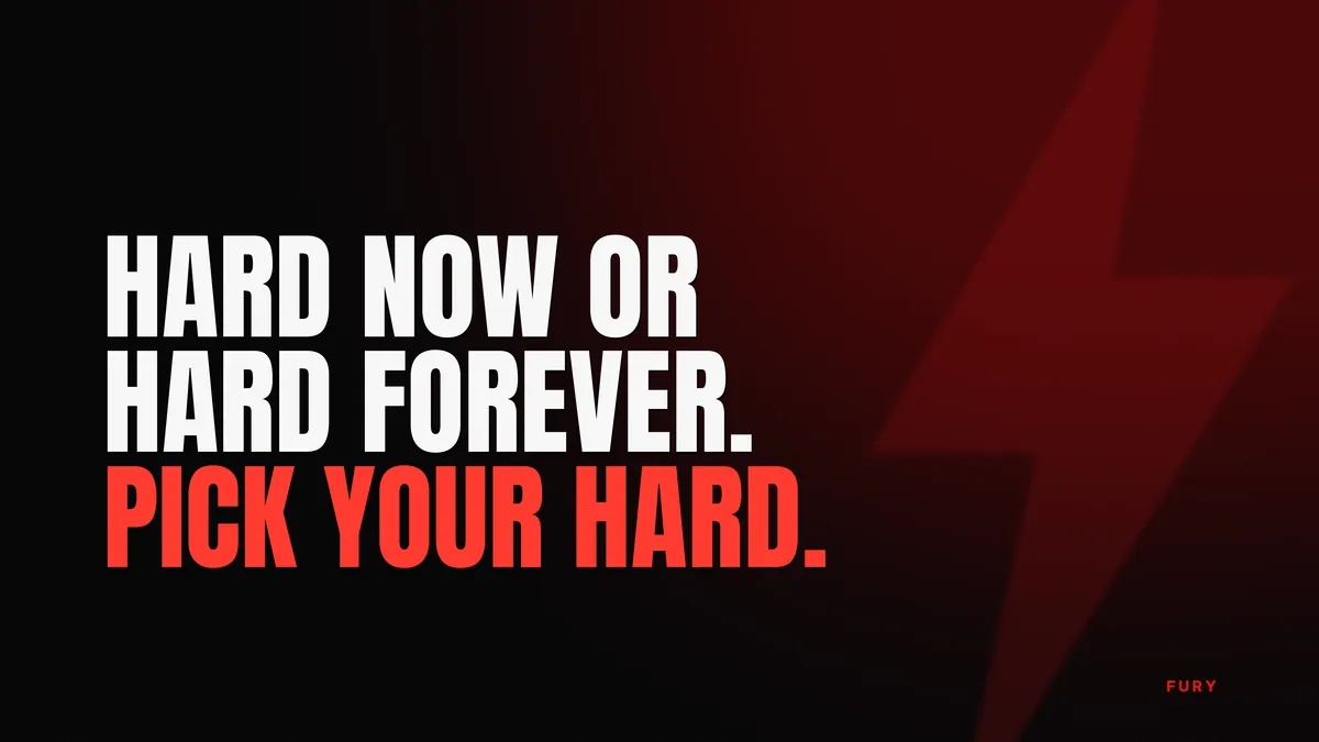 Motivational desktop wallpapers (4K): “Hard now or hard forever. Pick your hard.” on black background with a red glow and a lightning bolt