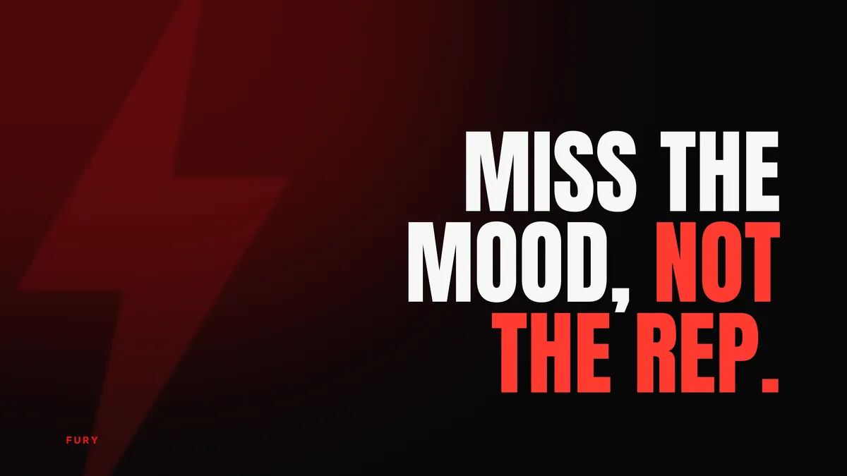 Motivational desktop wallpapers (4K): “Miss the mood, not the rep.” on black background with a red glow and a lightning bolt