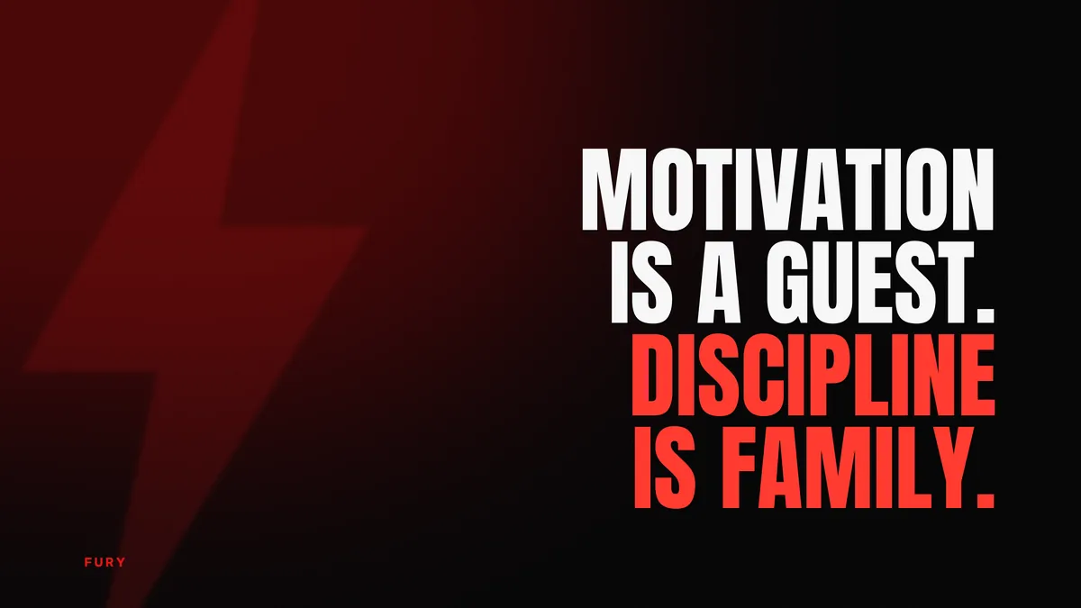 Motivational desktop wallpapers (4K): “Motivation is a guest. Discipline is family.” on black background with a red glow and a lightning bolt