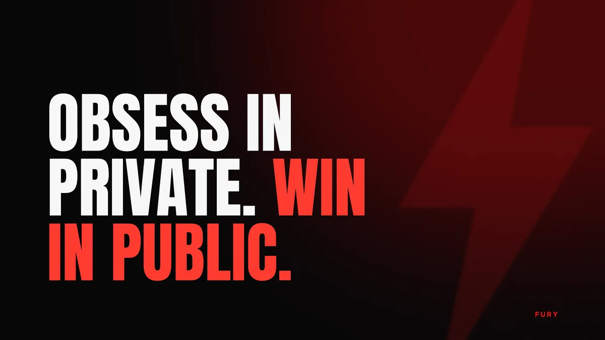 Motivational desktop wallpapers (4K): “Obsess in private. Win in public.” on black background with a red glow and a lightning bolt