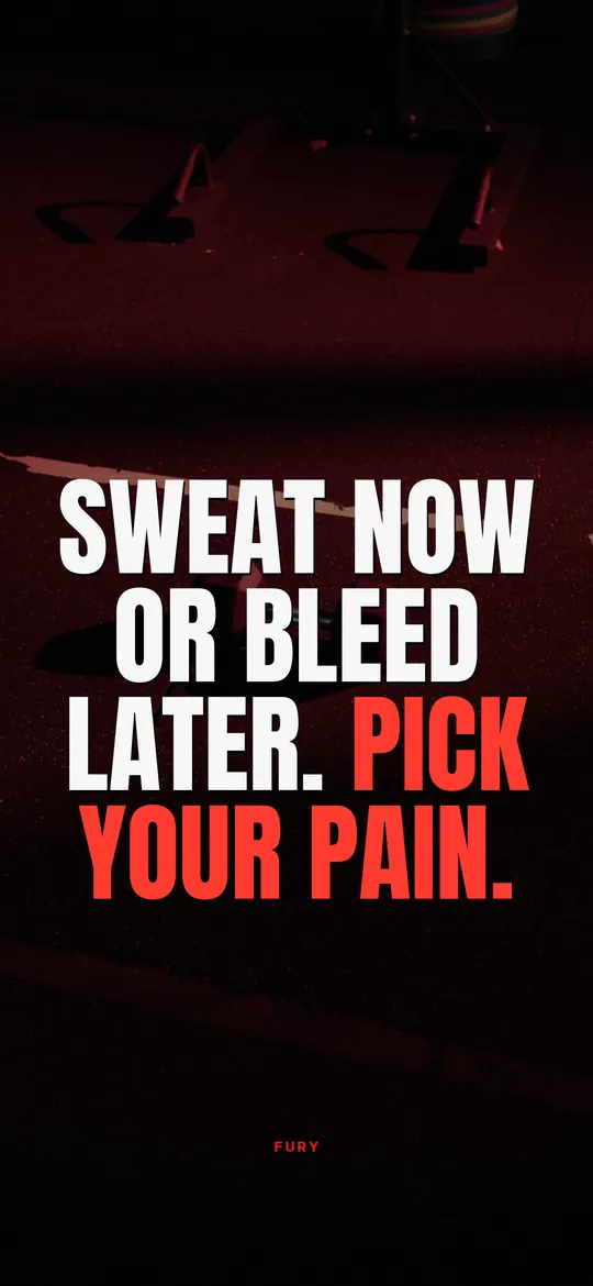 Gym motivation wallpapers: “Sweat now or bleed later. Pick your pain.” on red gym floor with a dumbbell
