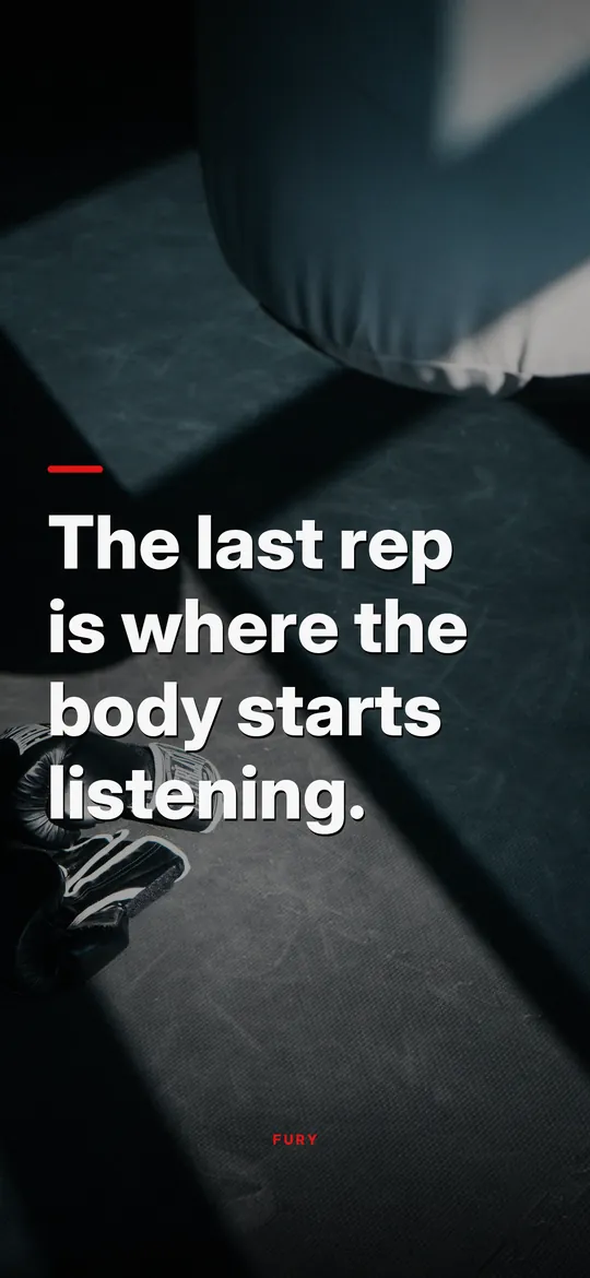 Gym motivation wallpapers: “The last rep is where the body starts listening.” on boxing gloves under a hard light