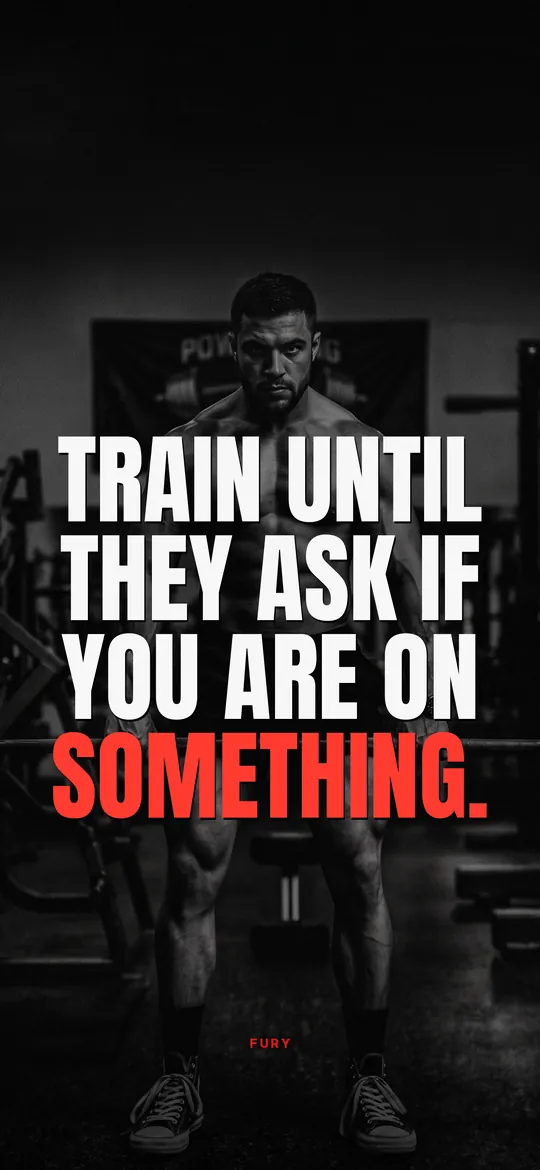 Gym motivation wallpapers: “Train until they ask if you are on something.” on muscular man lifting a barbell in a dark gym