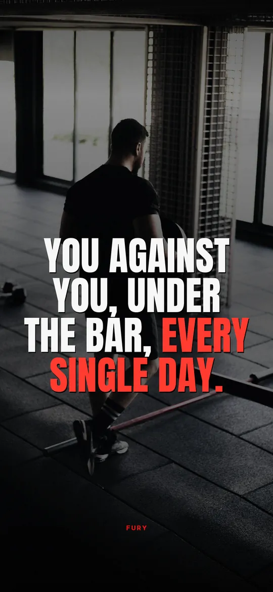 Gym motivation wallpapers: “You against you, under the bar, every single day.” on man training in a bright gym
