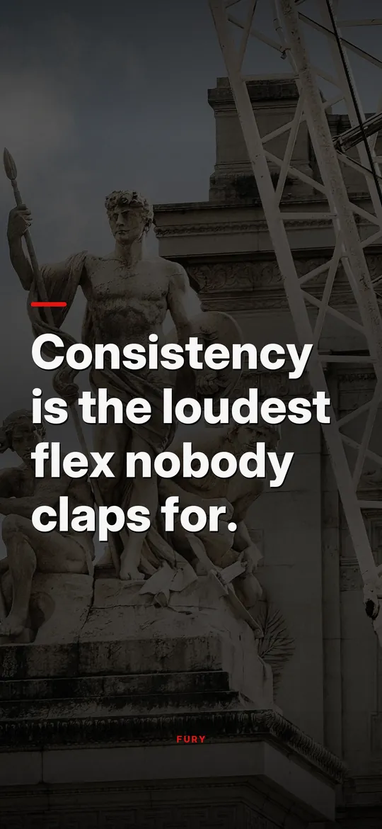 Motivational wallpapers for iPhone: “Consistency is the loudest flex nobody claps for.” on marble statues of warriors